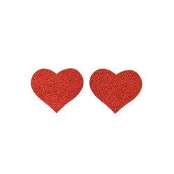 Paire de cache tétons adhésifs coeur pailleté rouge 