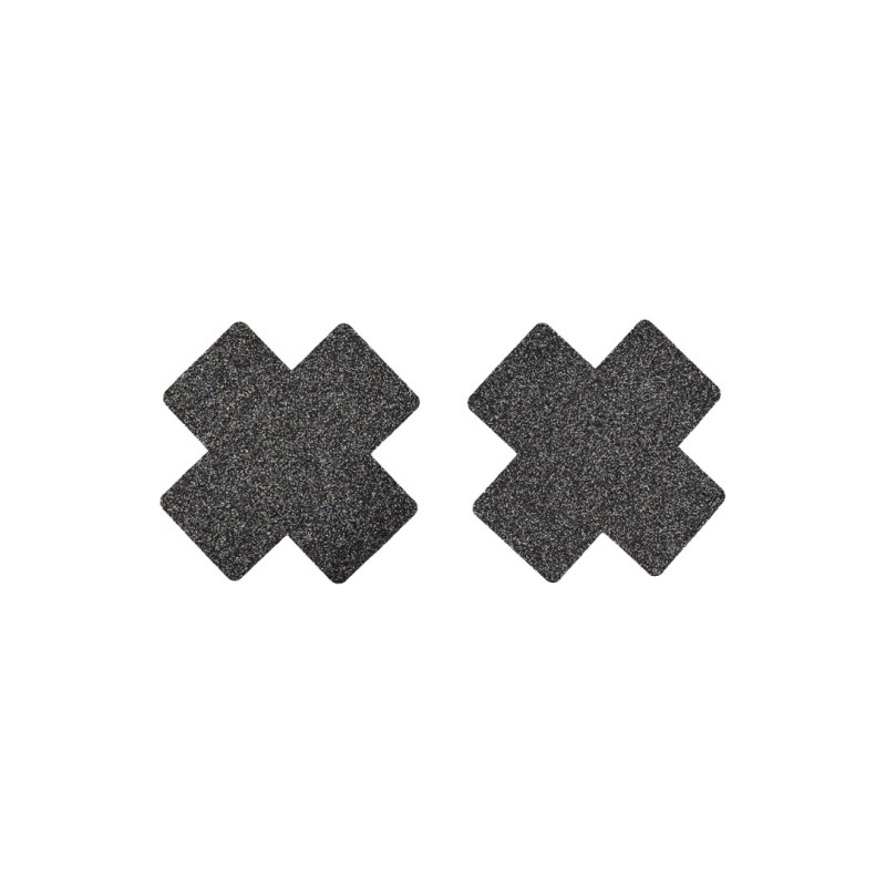 Paire de cache tétons adhésifs croix pailletée noir 