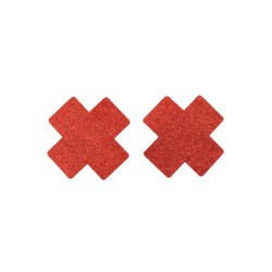 Paire de cache tétons adhésifs croix pailletée rouge 
