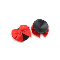 Paire de cache tétons adhésifs noir avec nœud papillon rouge