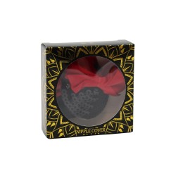 Paire de cache tétons adhésifs noir avec nœud papillon rouge