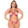 Nuisette grande taille en résille et dentelle florale rose et string assorti