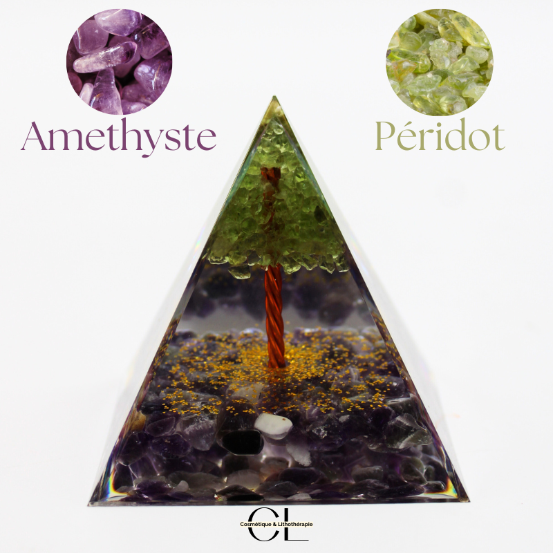 Orgonite pyramide Amethyste et Péridot Arbre de Vie