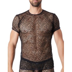 T-shirt noir sexy filet irrégulier fétichiste 