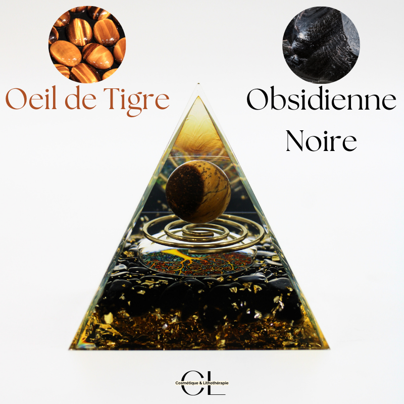 Orgonite pyramide Oeil de Tigre et Obsidienne Noire Arbre de Vie  Spirale