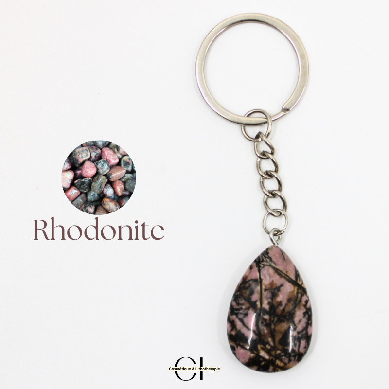 Porte-clefs avec pierre naturelle Rhodonite A 30mm en forme de goutte