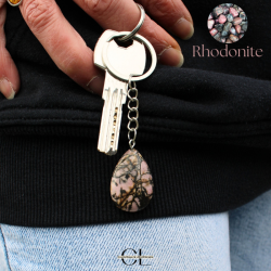 Porte-clefs avec pierre naturelle Rhodonite A 30mm en forme de goutte