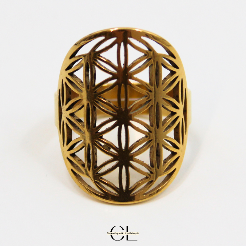 Bague Fleur de vie en acier inoxydable avec plaquage or