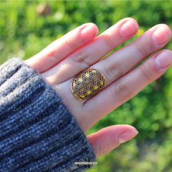 Bague Fleur de vie en acier inoxydable avec plaquage or
