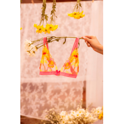 Ensemble lingerie rose et jaune en maille transparente brodée – Mapalé