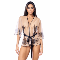 Peignoir sexy en résille imprimée transparente avec string 