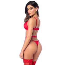 Ensemble sexy 3 pièces peek-a-boo en dentelle avec string et porte-jarretelles 