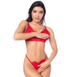 Ensemble sexy 3 pièces peek-a-boo en dentelle avec string et porte-jarretelles 