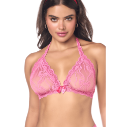 Ensemble sexy 2 pièces rose en dentelle délicate avec haut et string assorti 