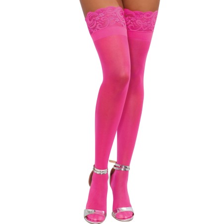 Bas roses nylon autofixants jarretières dentelle 
