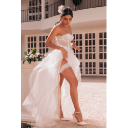 Ensemble 4 pièces blanc, bustier, string et 2 jarretières 