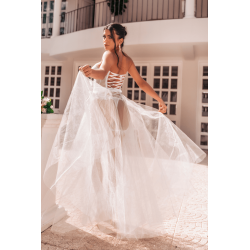 Ensemble 4 pièces blanc, bustier, string et 2 jarretières 