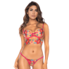 Ensemble 2 pièces brodé rose et bleu, bustier et string 