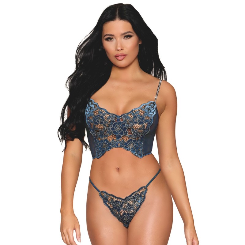 Bustier dentelle florale et résille avec strass et string assorti 
