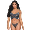 Bustier dentelle florale et résille avec strass et string assorti 