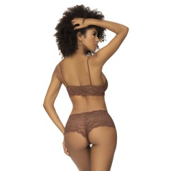 Ensemble 2 pièces en dentelle, top à bretelles et shorty couleur cacao 
