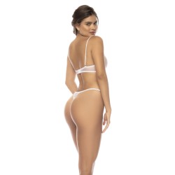 Ensemble 3 pièces blanc Emmie, soutien gorge, porte jarretelles avec fausse fourrure et string assorti 