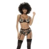 Ensemble 3 pièces noir et chair Kyra, avec dentelle brodée, soutien gorge à armatures, porte jarretelle et culotte 
