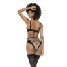 Ensemble 3 pièces noir et chair Kyra, avec dentelle brodée, soutien gorge à armatures, porte jarretelle et culotte 