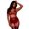 Ensemble 4 pièces soutien gorge, tour de cou, string et porte jarretelles rouge 