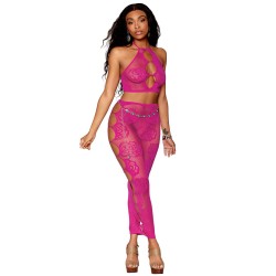 Ensemble Soutien-gorge et jupe longue en filet rose 