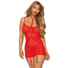 Ensemble 2 pièces rouge, nuisette et harnais porte jarretelles 