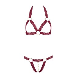 Soutien-gorge ouvert et string rouge à larges bandes sexy 