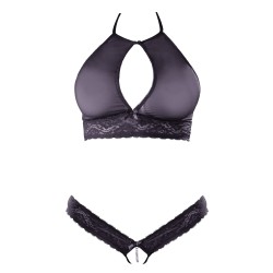 Soutien-gorge bandeau, en dentelle et résille noire et string ouvert 
