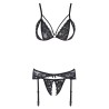 Ensemble trois pièces avec soutien-gorge fendu, porte-jarretelles et string noir 