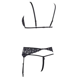 Ensemble trois pièces avec soutien-gorge fendu, porte-jarretelles et string noir 