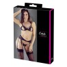 Ensemble trois pièces avec soutien-gorge fendu, porte-jarretelles et string noir 