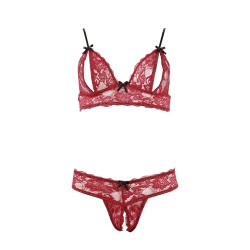 Soutien-gorge, bonnets ouverts, en dentelle rouge et string assorti 