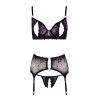 Soutien-gorge dentelle, porte-jarretelles et string ouvert noir 