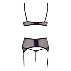 Soutien-gorge dentelle, porte-jarretelles et string ouvert noir 