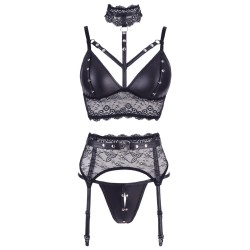 Ensemble soutien-gorge, porte jarretelles et culotte noir sexy 