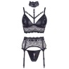 Ensemble soutien-gorge, porte jarretelles et culotte noir sexy 