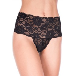 Tanga string noir grande taille large bande haute de dentelle florale 