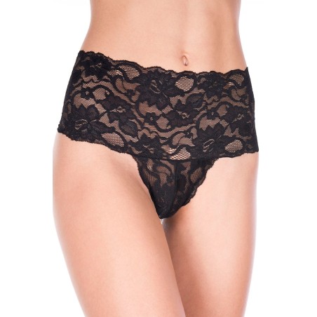 Tanga string noir grande taille large bande haute de dentelle florale 