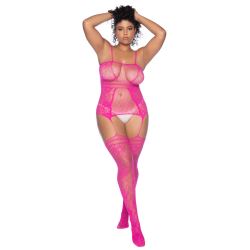 Combinaison grande taille en résille rose 