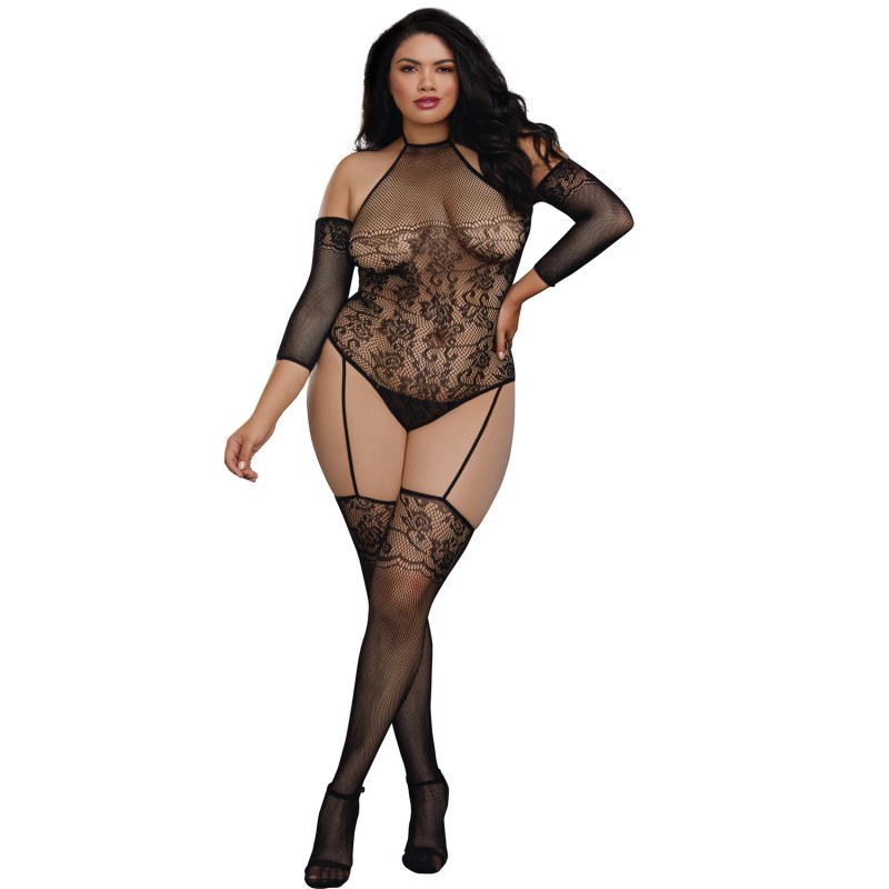 Bodystocking grande taille résille effet bas jarretelles 