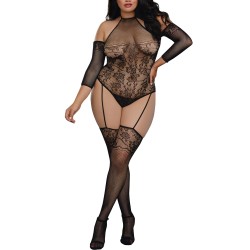 Bodystocking grande taille résille effet bas jarretelles 