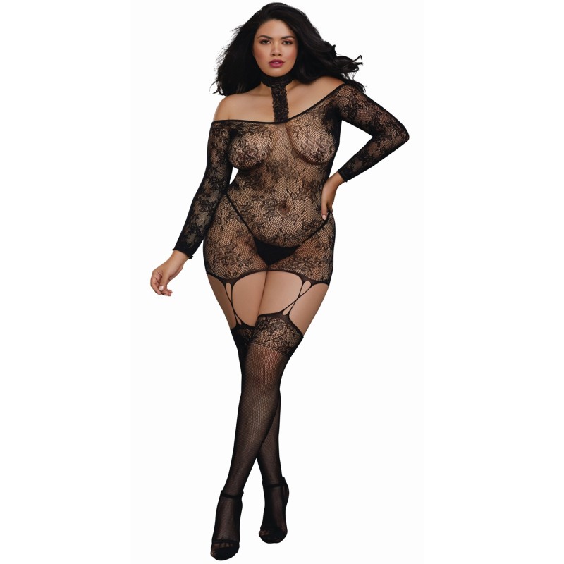 Bodystocking résille guêpière grande taille réversible avec tour de cou 