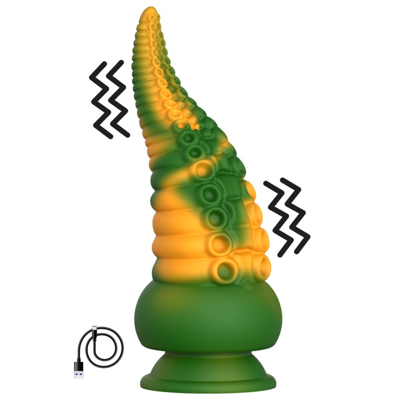 Gode ventouse tentacule Kraken vibrant 21 cm vert et jaune USB 