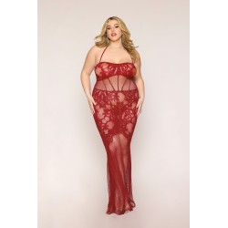 Nuisette longue grande taille en résille rouge 