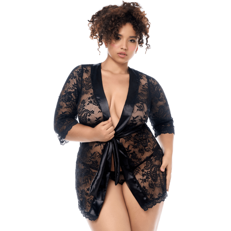 Peignoir en dentelle grande taille Mapalé avec string assorti 
